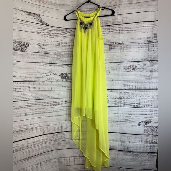 Bebe Dress Womens Sz 4 lime green High low gemstone neckline rhinestone Chiffon - Picture 2 of 14